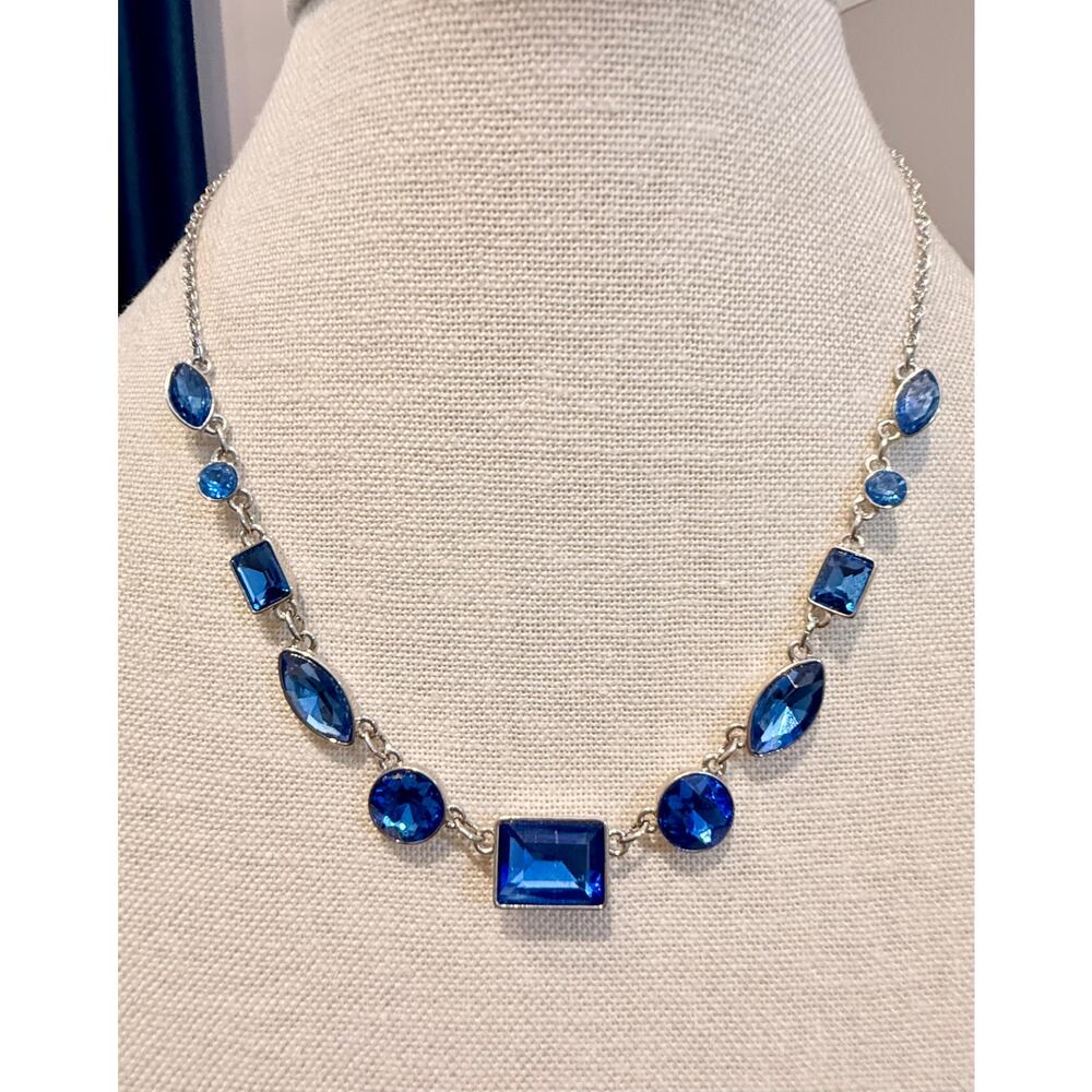 Vintage Signed Monet Blue Rhinestone Statement Necklace Silver Tone 16“